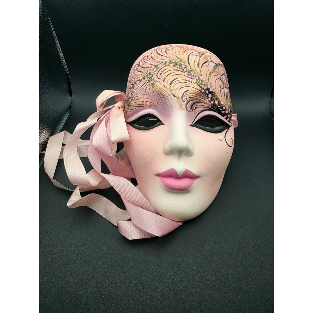 Maryse Dejean Hand Painted Ceramic Masquerade Mask Pink Gold Signed 1990 Art